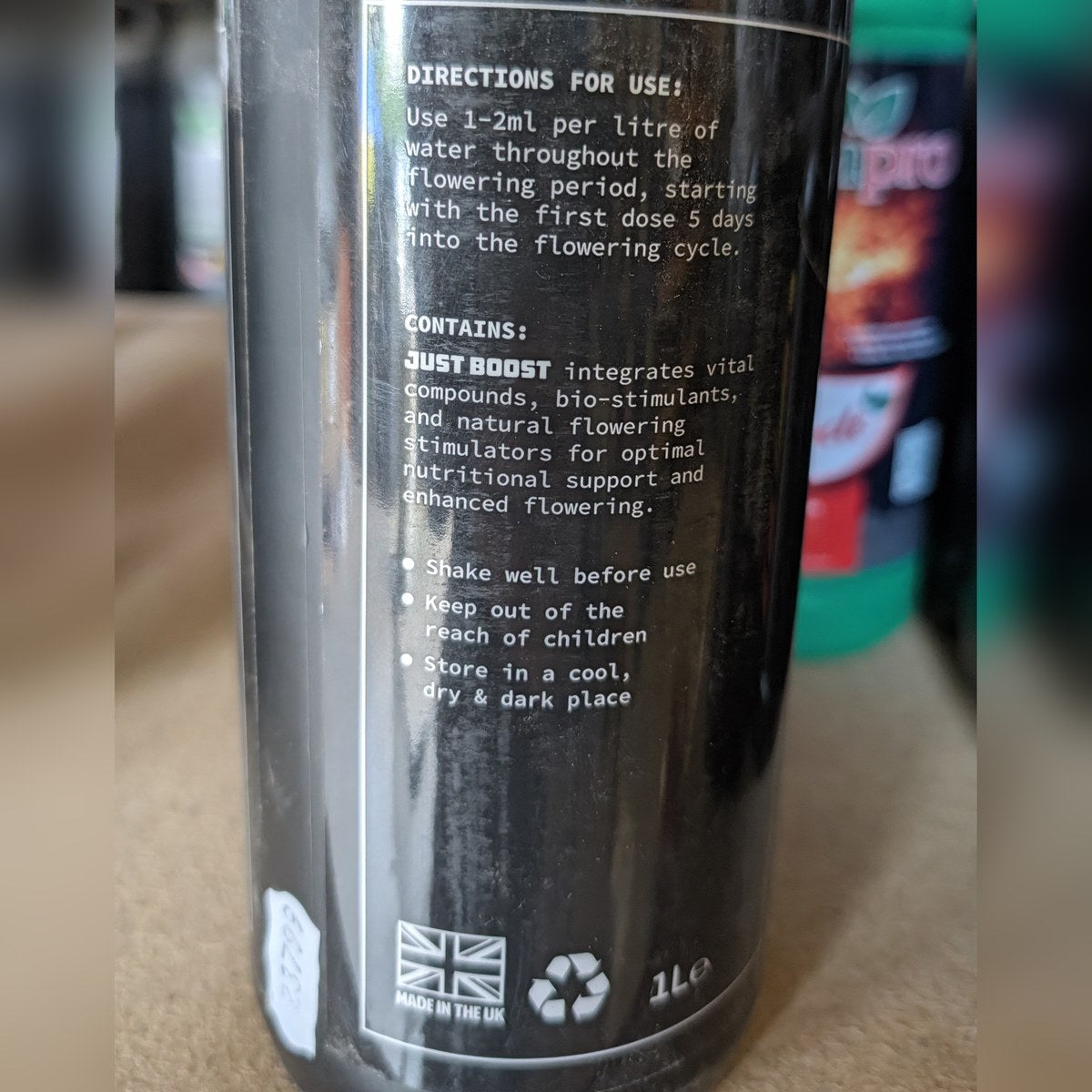 Just Boost Flowering Booster back label and directions