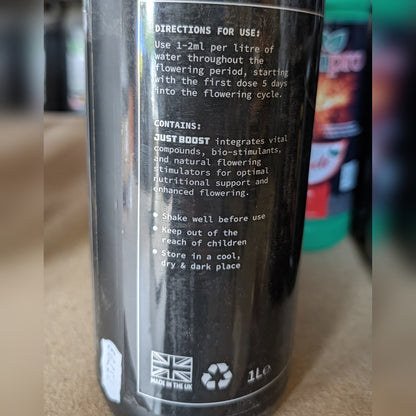 Just Boost Flowering Booster back label and directions