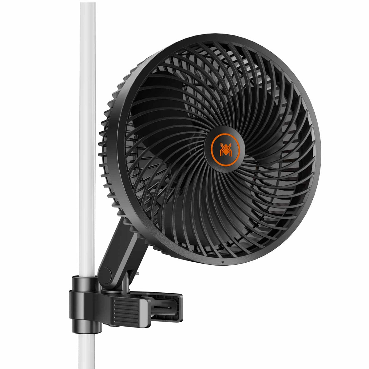 Spider Farmer 6" 150mm EC Clip Fan clamped to a grow tent pole